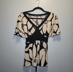 BCX Y2K Black and Beige Abstract Floral Print Blouse | Medium